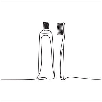 Continuous line drawing of a toothbrush and a tube of toothpaste isolated on a white background