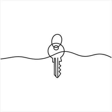 Minimalist continuous line drawing of a simple house key on a plain light grey background