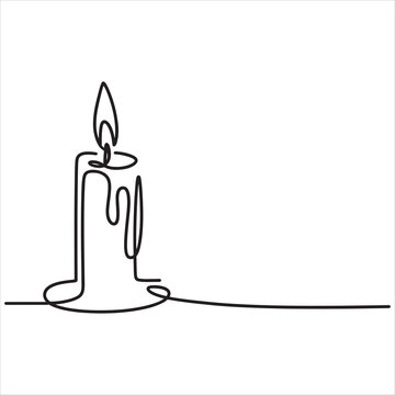 Minimalist continuous line drawing of a burning candle with dripping wax isolated on a light background