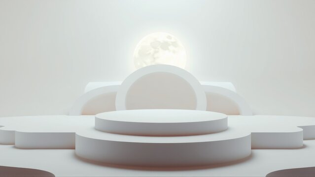 Minimalist stage design. White platforms radiate from central point. Full moon shines brightly behind curved backdrop. Soft lighting creates serene mood.