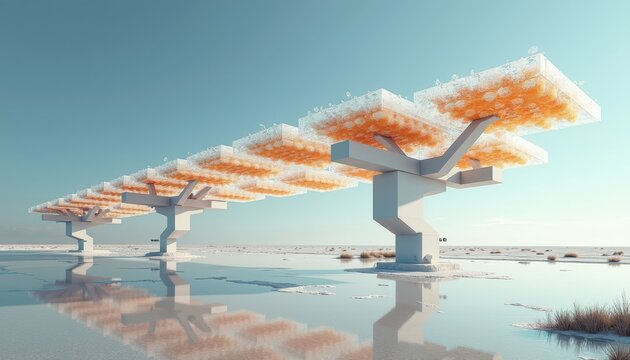 Futuristic voxel tree structures with orange foliage on a reflective salt flat landscape, sustainable energy, nature