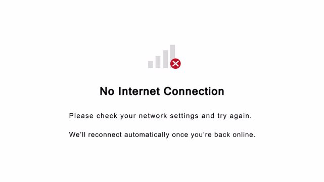No Internet Connection Alert Animation on Transparent Background. Network Signal Loss UI Motion Graphic in 4K.No Internet, Internet Problems, Lost wi-fi Network Internet Error Animation Alpha Channel