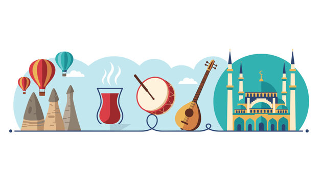 Turkey travel and culture concept illustration featuring iconic symbols like Cappadocia hot air balloons, tea, and a mosque.