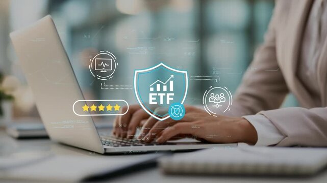 Businesswoman building long term wealth through ETF investing with protected portfolio strategy, financial growth and asset accumulation planning