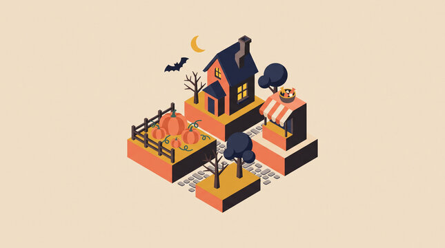 3D Isometric Halloween Town Diorama with Pumpkin Patch, Haunted House, and Autumn Market Stall