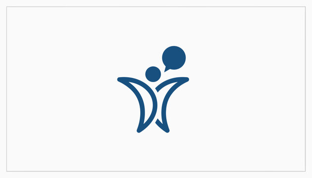 Minimalist blue logo representing human figure with open arms and a speech bubble on a light grey background.