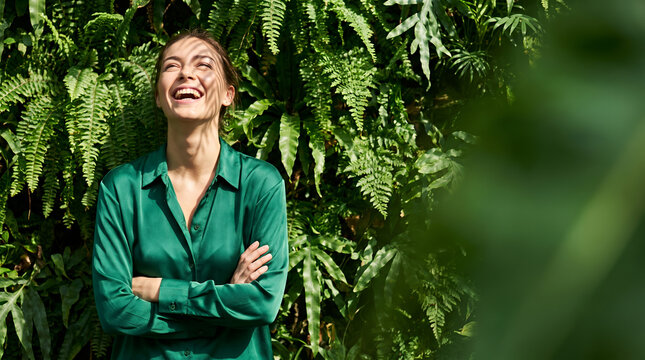 Woman with arms crossed smiling among lush green fern plants