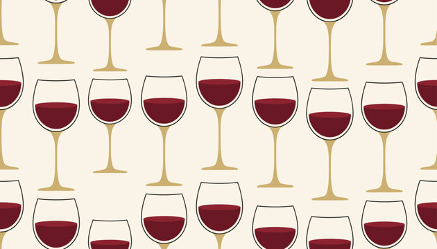 Elegant seamless pattern of red wine glasses filled with deep red wine on a warm cream background design.
