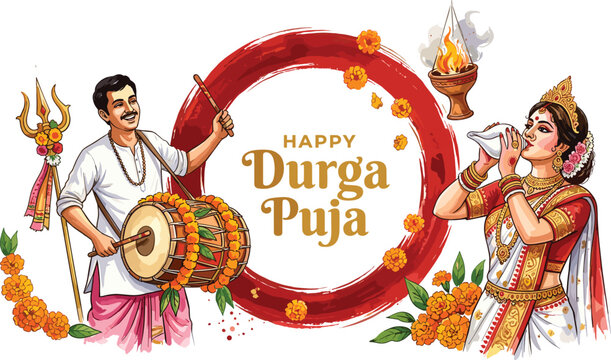 Happy Durga Puja greeting card design with traditional Indian man playing dhak drum and woman blowing conch shell