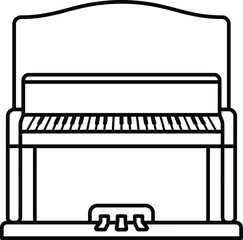 Minimalist upright piano vector icon, black and white musical instrument line art, classic acoustic piano illustration for music education