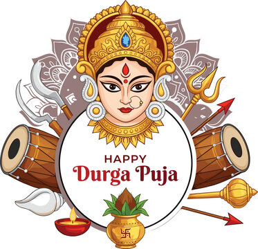Happy Durga Puja wishes greeting banner design with Goddess Durga face and religious festive elements