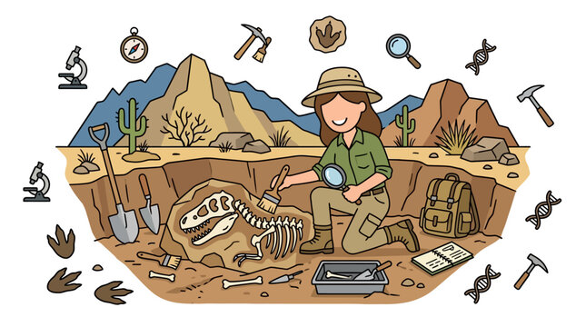 Archaeologist Examining Fossil in Desert Landscape.