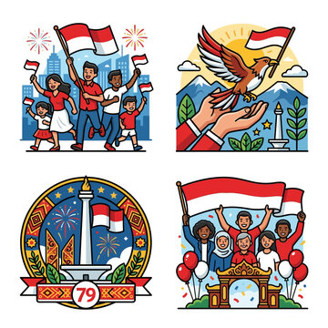 indonesian independence day celebration with people waving flags garuda bird and monas symbolizing national unity.