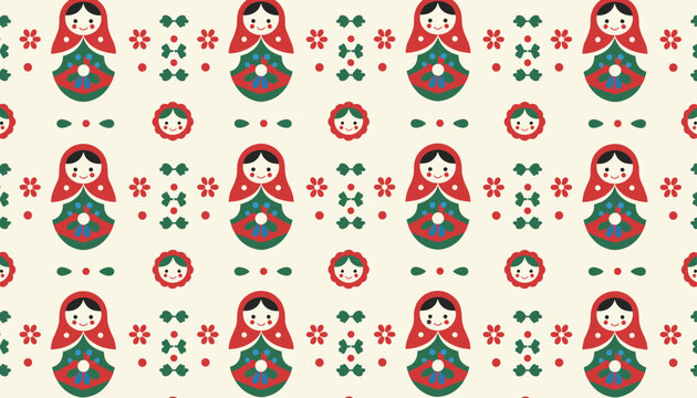 Charming seamless pattern showcasing Russian matryoshka nesting dolls with floral decorations on a soft beige background for textile design.