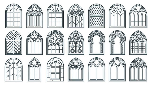 Gothic window frames set with diverse medieval arch silhouettes.