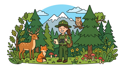 Fototapeta premium Young girl explorer in forest with deer and owls.