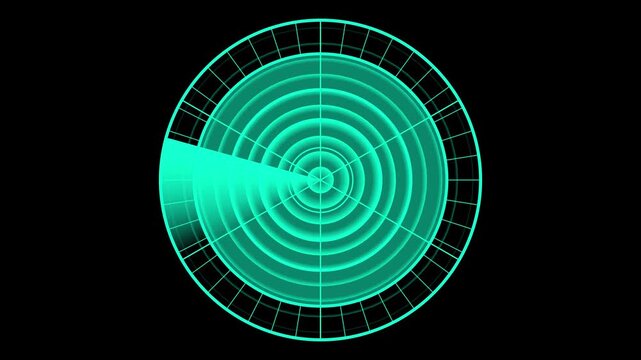 cyber sweeping radar navigation surveillance tracking sonar scanning overlay. Technology radar device with green color radar animation scan data communication system. Black background animation.