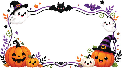 Naklejka premium Halloween Frame with Cute Ghosts Pumpkins and Bats for Festive Spooky Designs