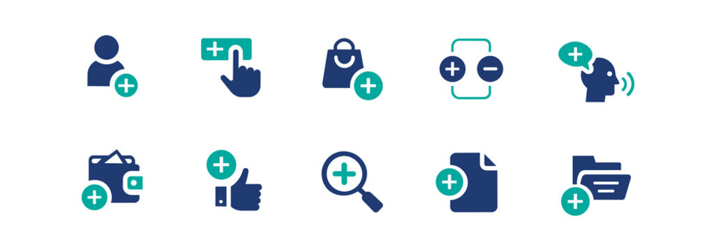 Plus sign icon set. Contains add user, new, positive, zoom, and more icons. Solid icon illustration pack.