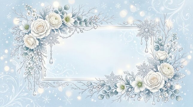 A decorative, ornate frame is adorned with delicate white roses, white anemones, and frosted branches. The background is a soft, pale blue with scattered 
