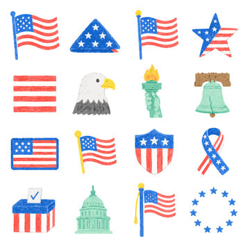 American Patriotic Symbols Icon Set with Flags Eagle Torch and Capitol