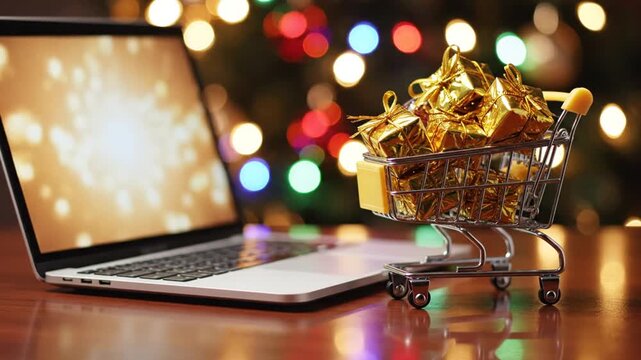 Mini shopping cart with gifts next to laptop during Christmas