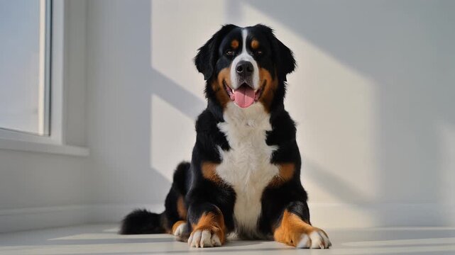 Bernese Mountain Dog with Distinctive Tricolor Coat Sitting Upright, Gentle Expression