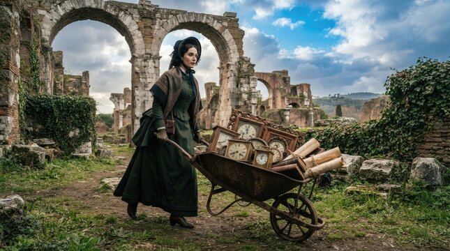 A woman in a Victorian-era dress stands in an ancient Roman ruin, pushing a wheelbarrow filled with antique clocks. She is positioned in front 