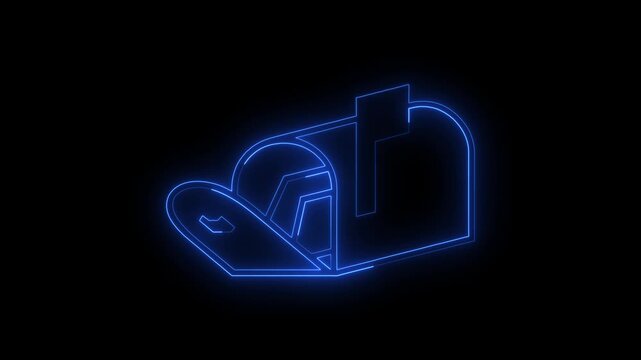 Blue Glowing Neon Mailbox Postbox Animated Icon Motion Graphics Stock Overlay Isolated Black Background Email Letter Delivery Message Symbol.