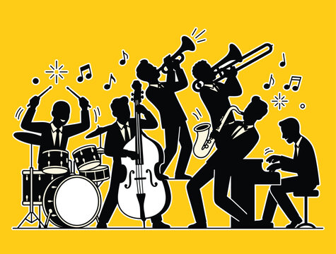 Jazz Ensemble Silhouette: A dynamic silhouette of a jazz band in full swing, with musicians playing a drum kit, double bass, saxophone, trombone, trumpet, and piano.