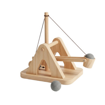 Detailed wooden catapult with natural finish and a gray ball attached to the arm, set against a pure white background