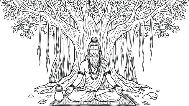Indian yogi meditating in lotus pose under large banyan tree