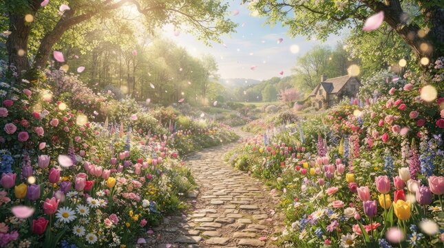 Sunlight streams through a vibrant, blossoming path leading into a picturesque meadow. A stone pathway winds through a lush field overflowing with colorful 