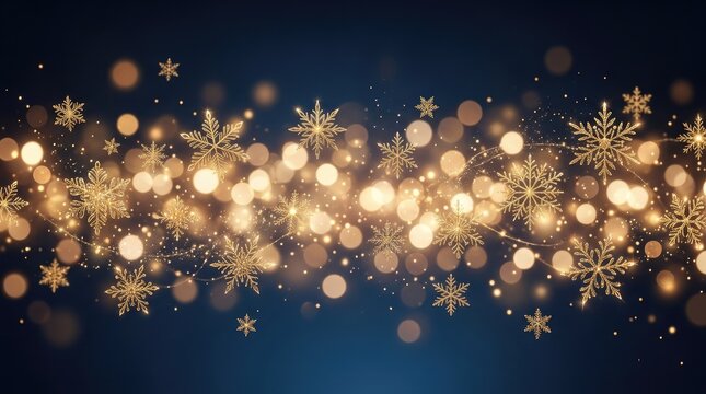 Golden lights create a festive, sparkling background. Numerous golden snowflakes are scattered across the image, adding a touch of magic and winter 