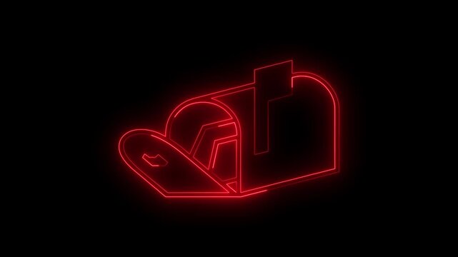 Red Glowing Neon Mailbox Postbox Animated Icon Motion Graphics Stock Overlay Isolated Black Background Email Letter Delivery Message Symbol.