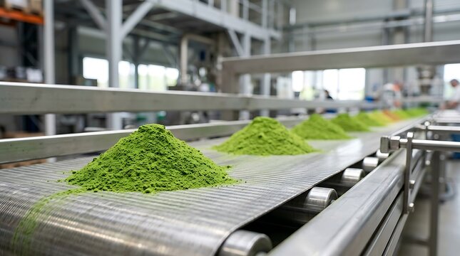 Matcha powder moving on industrial conveyor belt. Represents organic tea production in a modern facility.