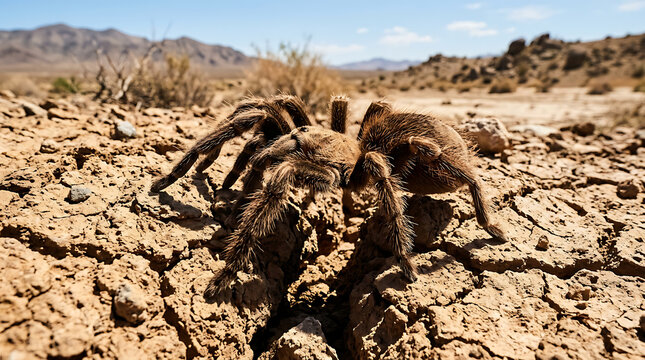 Giant Hairy Tarantula Spider Crawling Over Dry Cracked Desert Ground