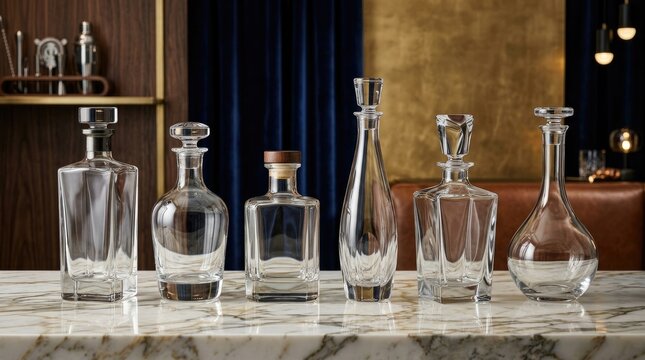 Five clear glass decanters are arranged on a white marble countertop. The decanters vary in shape and size, with some featuring wooden stoppers. 