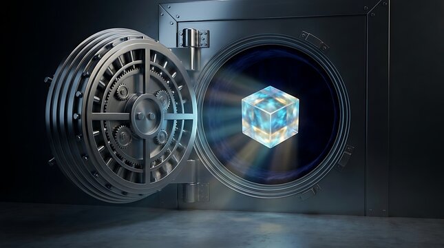 Glowing cube inside an open bank vault. Futuristic digital asset stored in a secure safe.