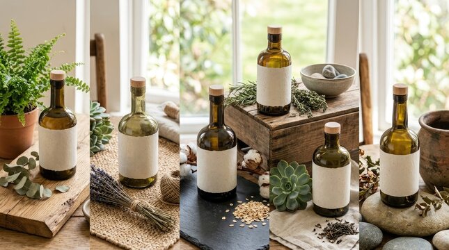 A still life arrangement features five amber-colored bottles with blank white labels, presented on a rustic wooden surface. The bottles are surrounded 