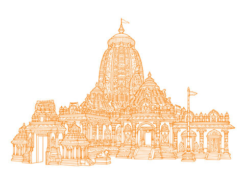 Orange line sketch of ancient Indian Hindu temple architecture