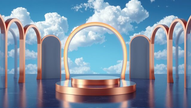 Minimalist stage design. Copper arches frame blue sky, fluffy clouds. Circular platform creates focal point, elegant presentation space.
