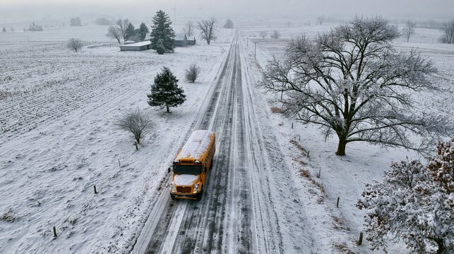Yellow school bus driving on snowy road. Aerial view of transport in winter landscape.
