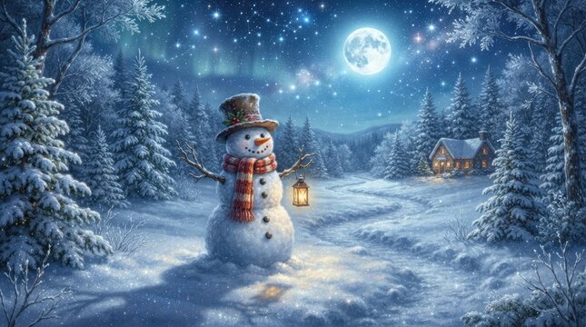 A cheerful snowman stands in a snowy winter landscape. He wears a festive hat and scarf, and carries a lantern. A cozy cabin glows warmly 