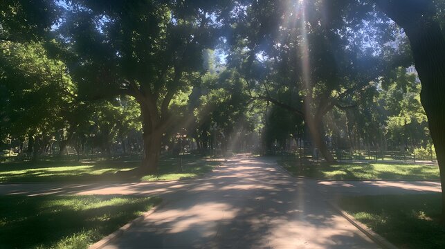 Modern sunlit road through park trees in soft light / 現代的な木漏れ日が差す公園の道