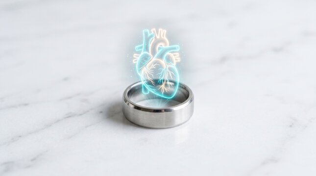 Modern smart ring projecting a glowing 3D hologram of a human heart on a marble surface, concept for wearable health tech, heart rate monitoring, and cardiology diagnostics.