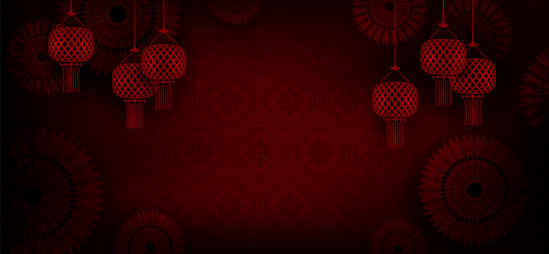 A stunning burgundy design with a Chinese pattern and lanterns.
