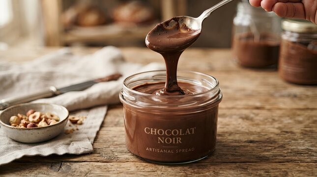 A hand scoops chocolate spread from a glass jar. The jar is labeled "Chocolat Noir" and sits on a wooden table. A spoon, a knife, and a bowl of hazelnuts 