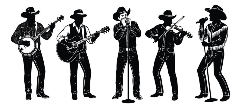 Country music band silhouettes, western musicians playing banjo and guitar vector, cowboy performers with fiddle and harmonica on white background