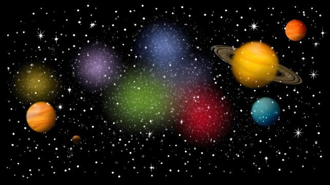 with rings and planets overlapping in a vivid and colorful galaxy background